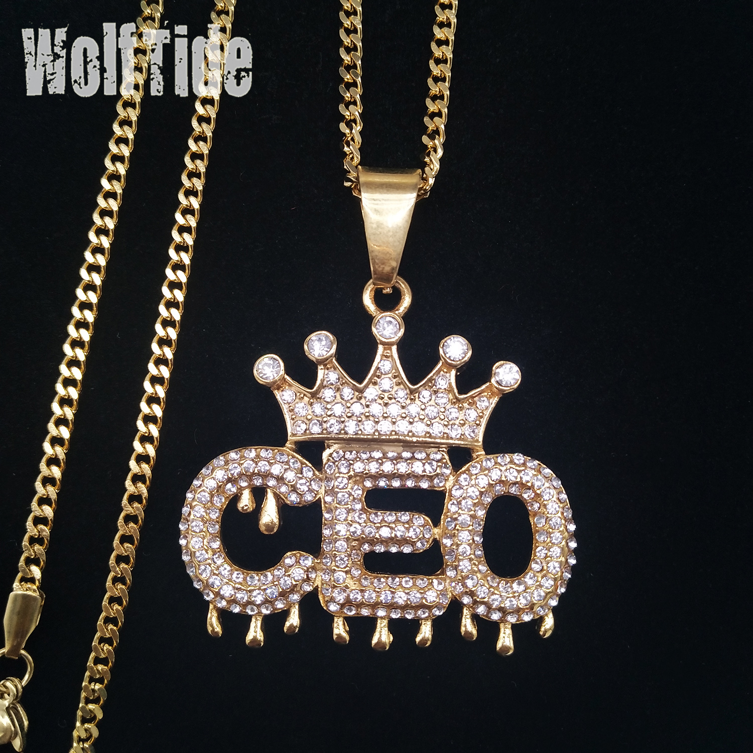 Mens Crown CEO Initial Letters Pedant Cuban Chain Necklace Stainless Steel Personalized Gold Diamond Bling Diamond Hip Hop Jewelry Gifts for Men Miami