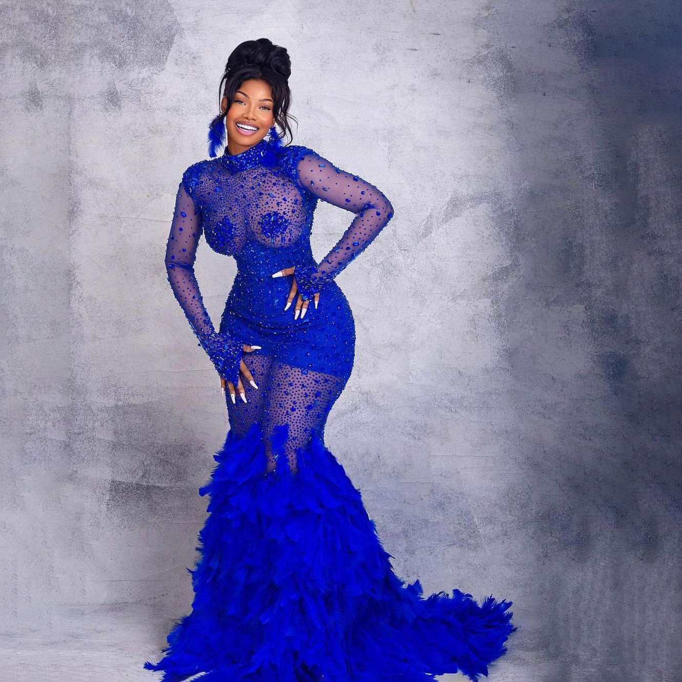 Sexy Lllusion Mermaid Evening Dress Blue Shine Beads Crystal Prom Dresses Fashion Feather Sweep Train Party Special Occasion Gowns Customized D-L23149