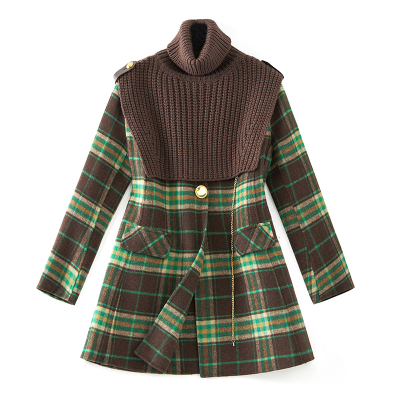 0C694M31 Autumn and Winter Women's Coat Vintage Plaid Wool Double-sided Woolen Outerwear Knitted Sleeve Two-piece Set
