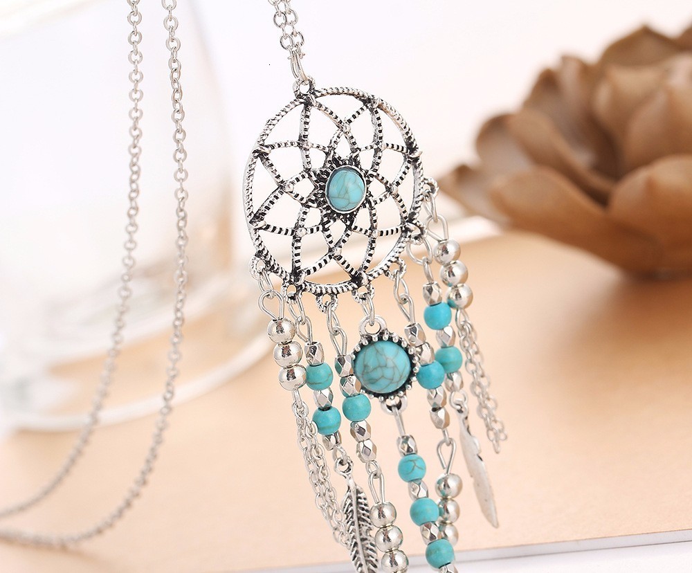 Pendant Necklaces Bohemia Style Retro Tassel Feathers Turquesa Necklace 78cm Dream catcher Sweater For Women Girl 230831