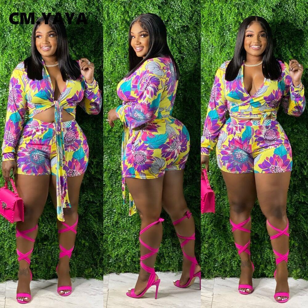 Women's Two Piece Pants CM.YAYA Sunflower Women Two 2 Piece Set Outfit Sweatsuit Summer Tie Neck Shirt Top and Shorts Matching Set Street Tracksu