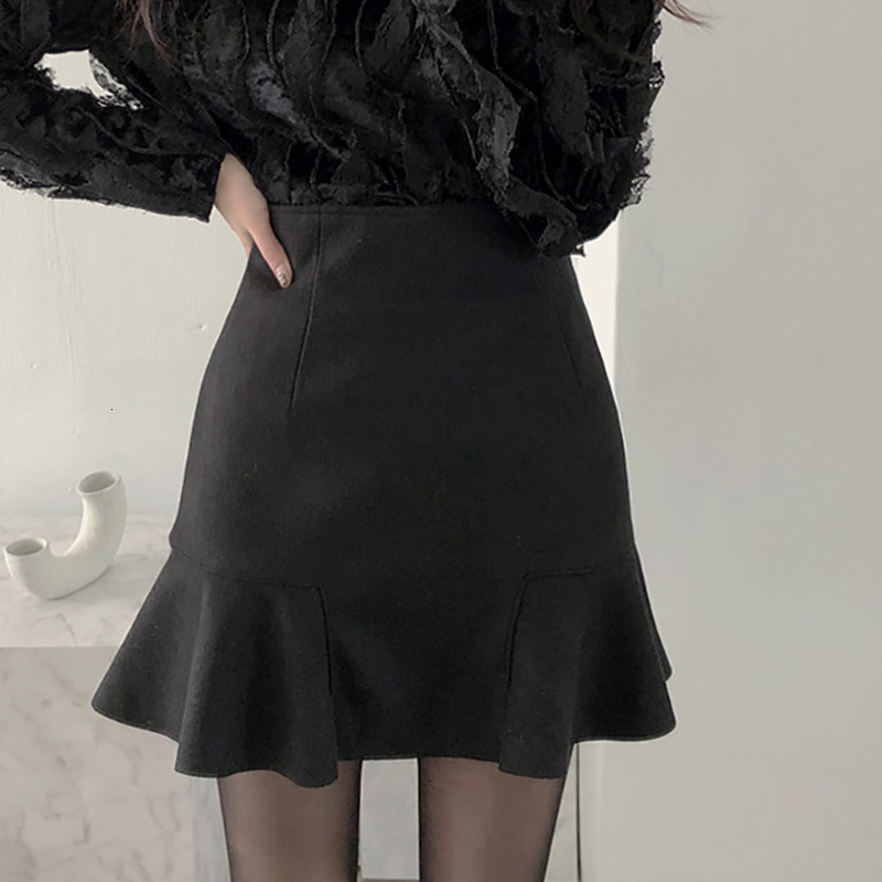 Skirts LJSXLS Skirts Women Spring Autumn Ruffles Slender A- line Mini Skirt Solid England Black Womens Korean Fashion Woman Clothing 230301