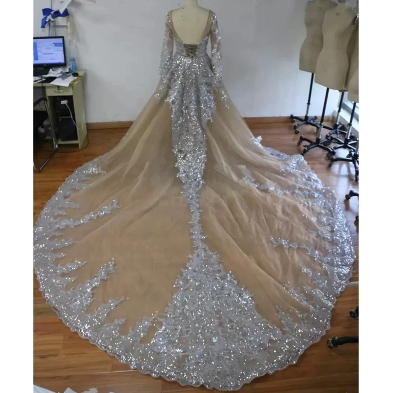 Ball Sparkly Gown Sheer Neck Sequins Beaded Tulle Long Sleeves Backless Wedding Gowns Plus Size Bridal Dresses S