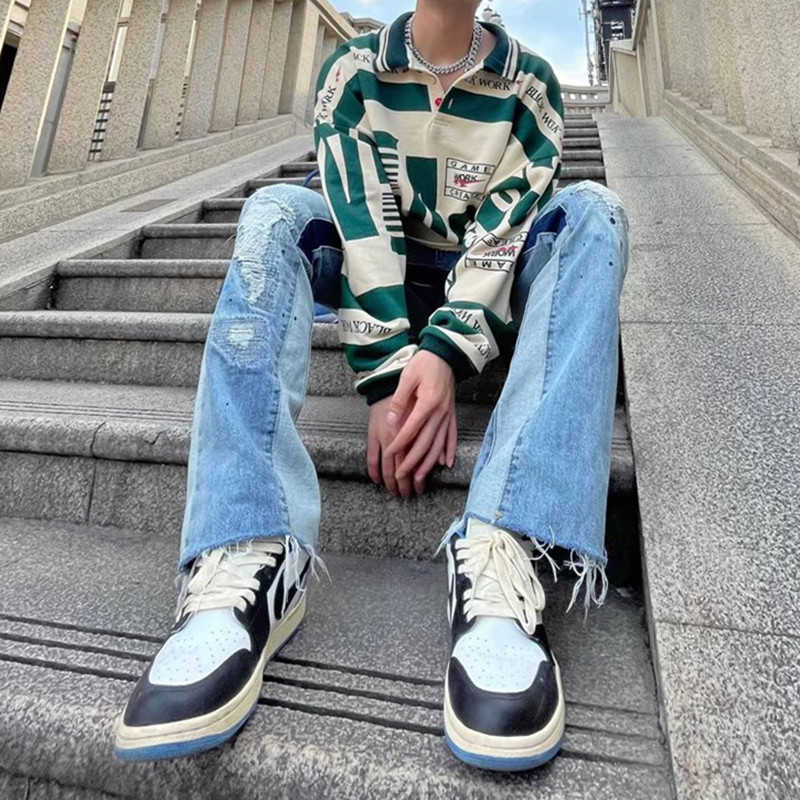 Men's Jeans 2022 Hole Ripped Straight Baggy Men Flare Jeans Pants Patchwork Distressed Washed Vintage Loose Punk Denim Trousers Z0301
