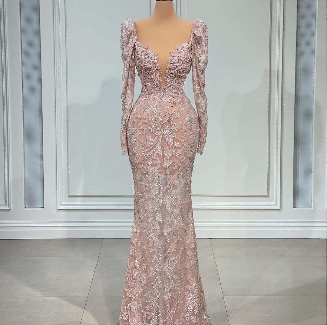 Pink Mermaid Evening Dresses Long Sleeves V Neck 3D Lace Beaded Appliques Sequins Floor Length Celebrity Hollow Formal Prom Dresses Gowns Plus Size Go