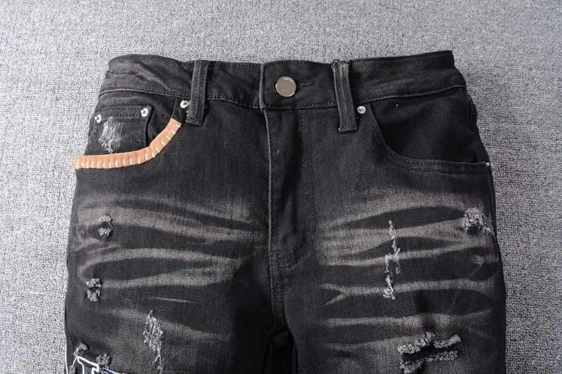 Men's Jeans Hip Hop Men High Street Fashion Brand New Black Patch Embroidery Stretch Slim Fit Mens Summer Y2303