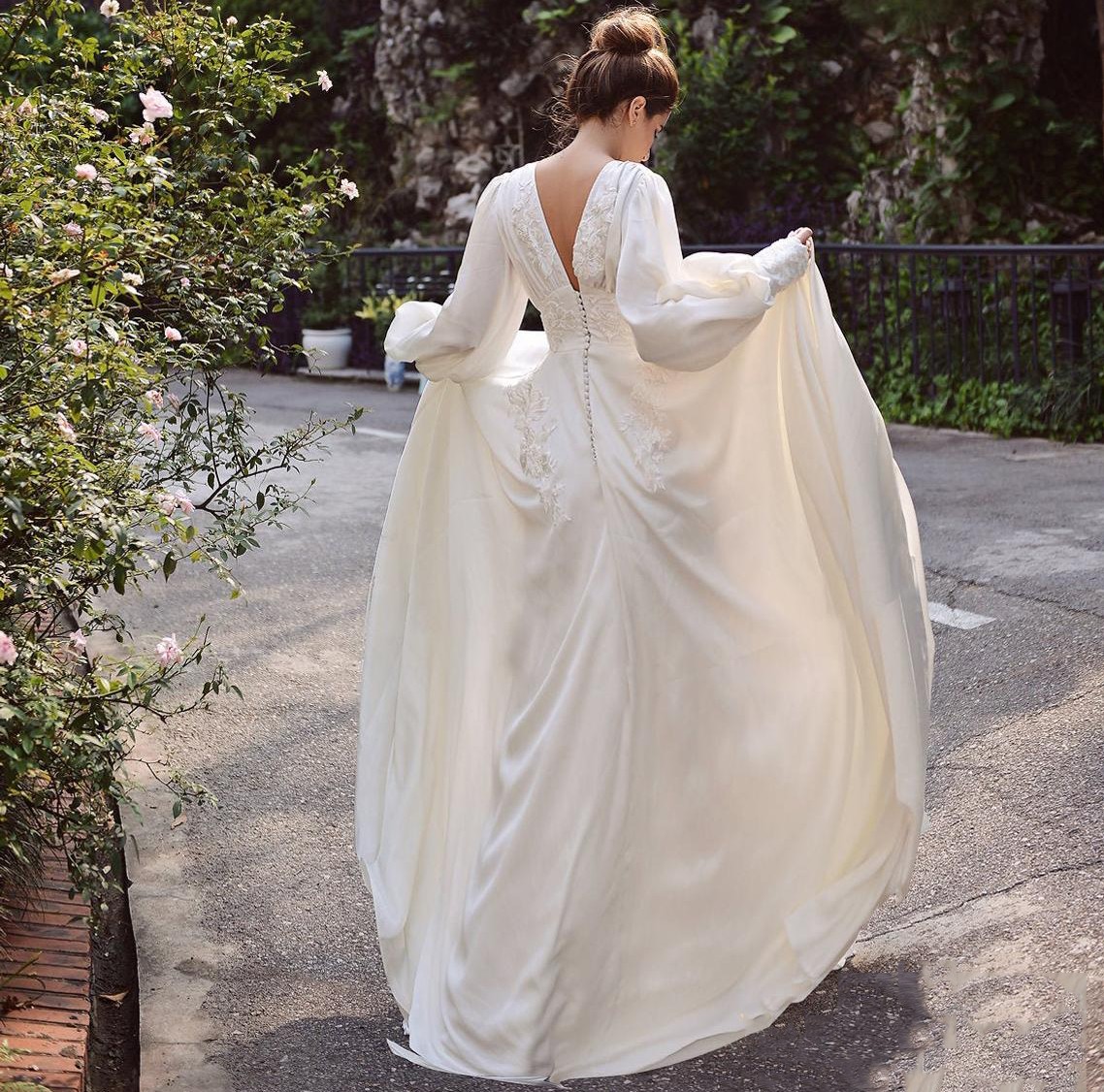 Simple A-Line Chiffon Wedding Dress Boho Backless Lace Appliques Long Puff Sleeves Bridal Gown Summer Beach 2023 Vestidos De Noiva