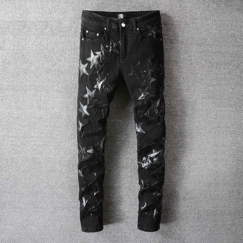 Men's Jeans Blue Star Hole Stacked Stitching Feet Motorcycle Pant Patchwork Jean Korean High Street Fashion Graphic Y2303