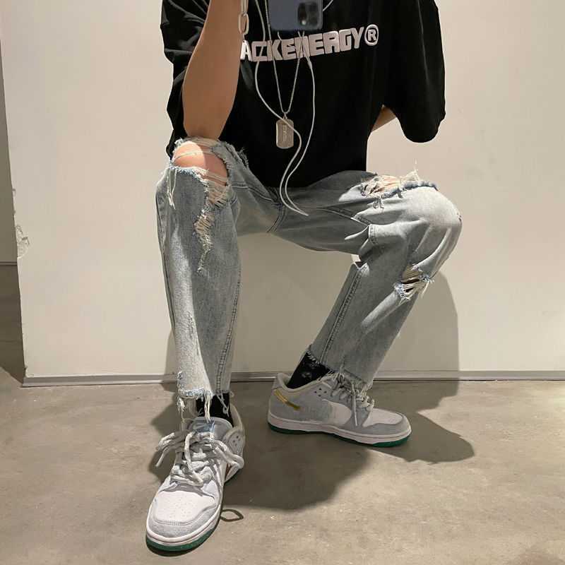 Men's Jeans Hole Jeans for Men Summer Fashion Thin Loose Pants Bottoms Handsome Vintage Casual Trousers Male Cloting Streetwear Plus Size Z0301