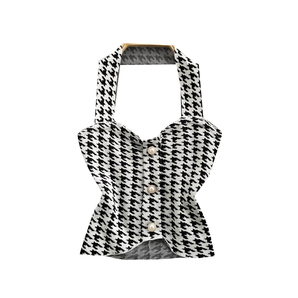 Womens halter neck knitted houndstooth plaid grid pattern short tanks camis