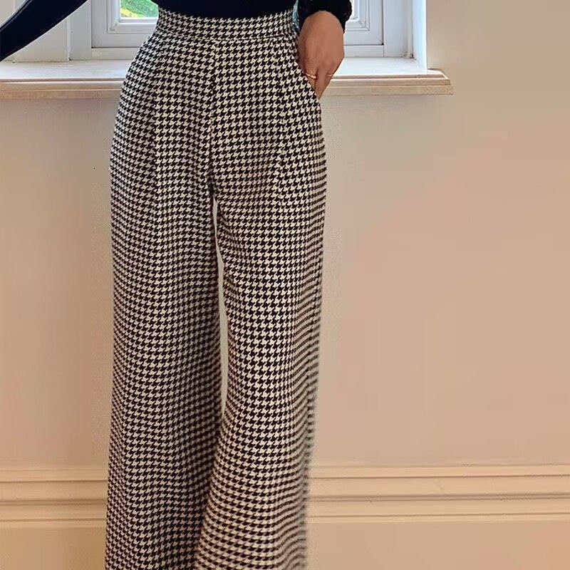 Women's Pants Capris Winter Women Vintage Classic Houndstooth Woolen Cloth Straight Wide Leg Trousers Elegant Office Lady High Waist Loose Suit P