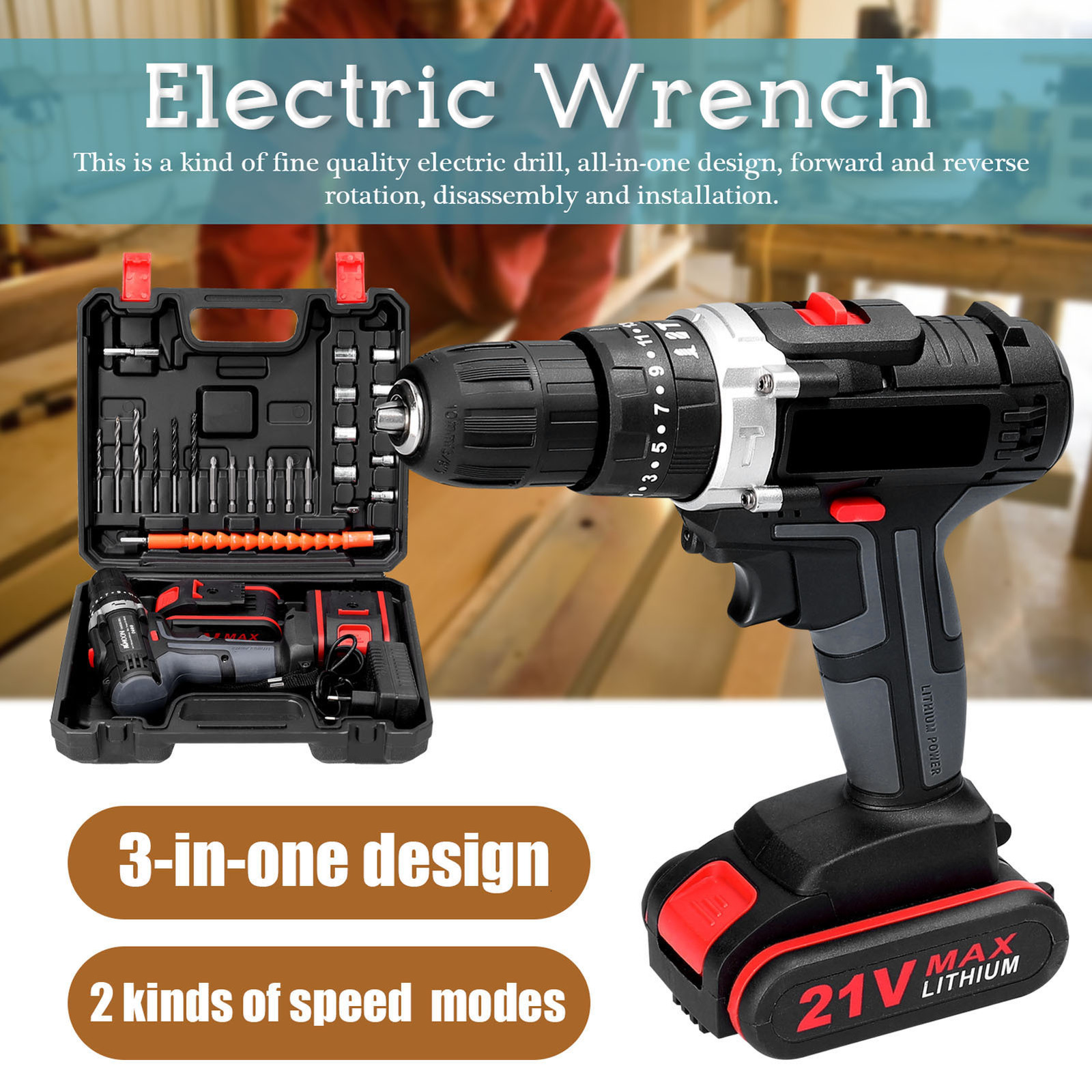 Electric Drill 21V Electric Drill Set Impact Cordless Drill Highpower 25 Gears of Torques Adjustable Electric Screwdriver Hand Drills 2500rpm 230301