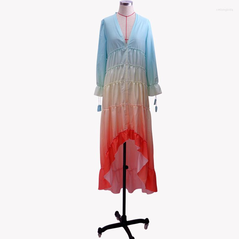 Casual Dresses Women Summer Boho Maxi Dress Rainbow Gradiented Long Sleeve Fashion Beach Button Fold Loose Vestidos