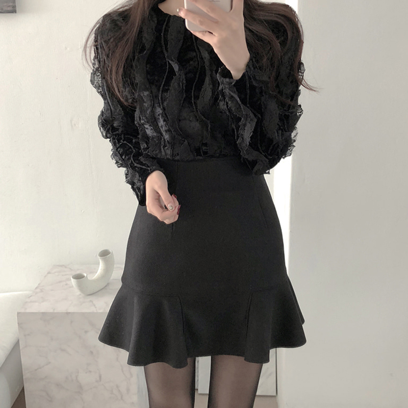 Skirts LJSXLS Skirts Women Spring Autumn Ruffles Slender A- line Mini Skirt Solid England Black Womens Korean Fashion Woman Clothing 230301