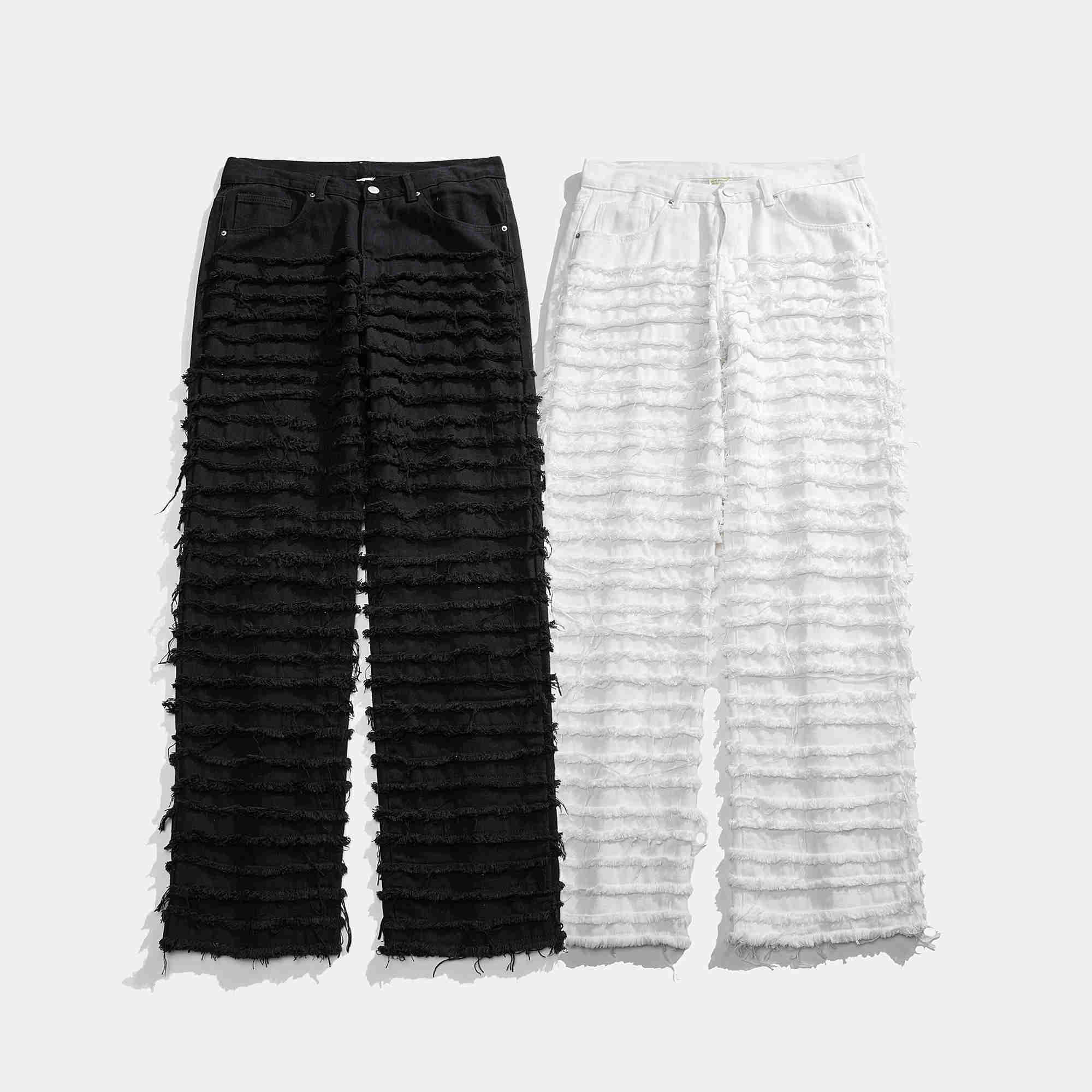 Men's Jeans White Hip Hop Jeans Striped Tassel Frayed Straight Baggy Jeans Pants Harajuku Male Female Solid Streetwear Casual Denim Trousers Z030