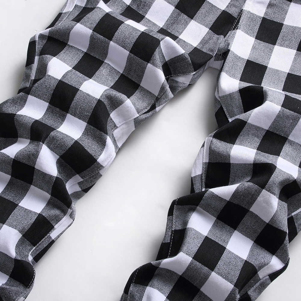 Men's Jeans Black and White Plaid Printed Fashion Check Digital Print Slim Straight Pants Stretch Trousers Y2303