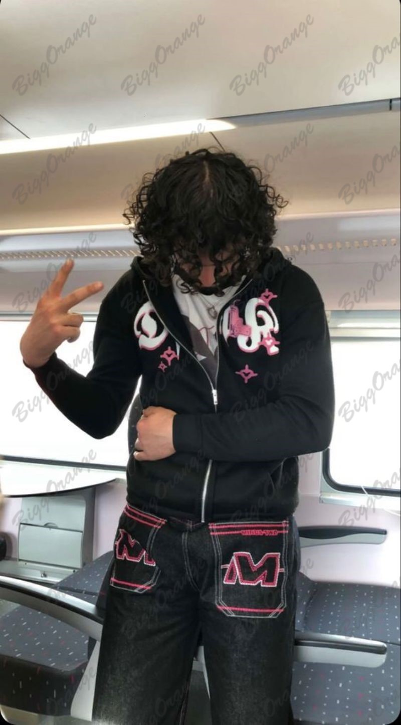 Men s Jeans M letter embroidered multi pocket street vintage jeans loose straight pants wide leg men and women couple low rise 230228