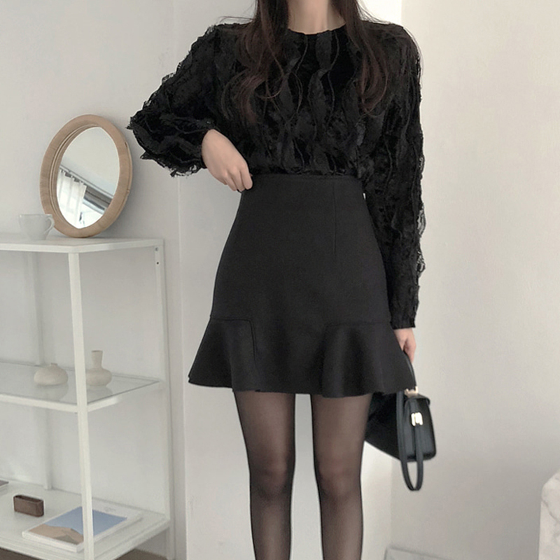 Skirts LJSXLS Skirts Women Spring Autumn Ruffles Slender A- line Mini Skirt Solid England Black Womens Korean Fashion Woman Clothing 230301