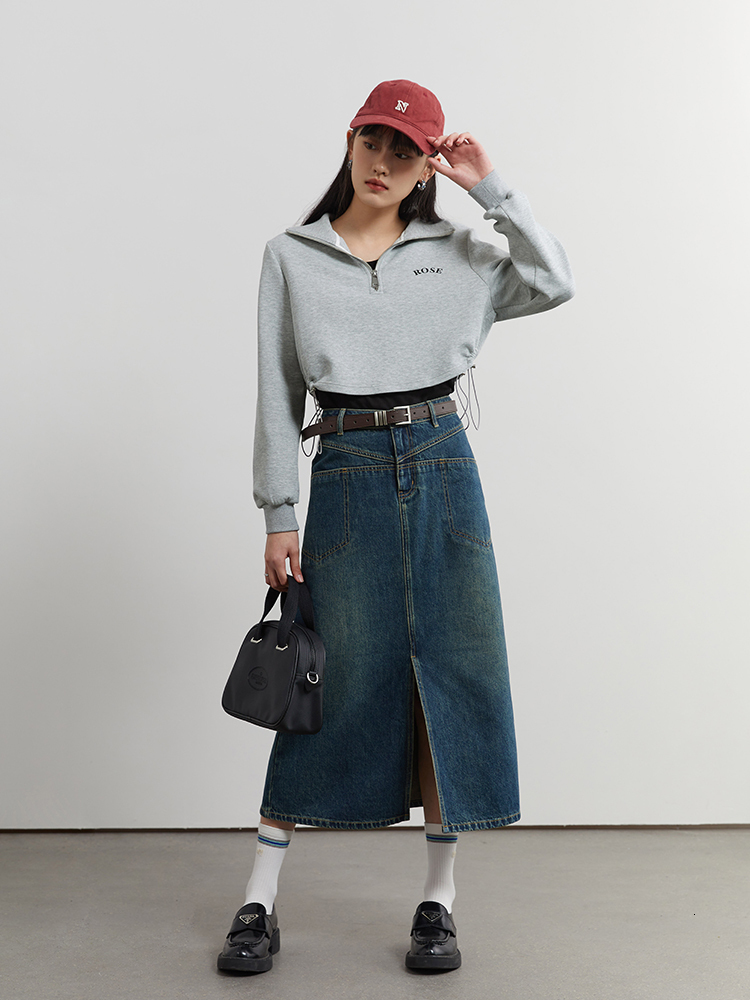 Skirts DUSHU Denim Skirt Women High Waist Long A-LINE Skirts Office Lady Front Spilt Retro Denim Blue Jean Skirt For Women 230301