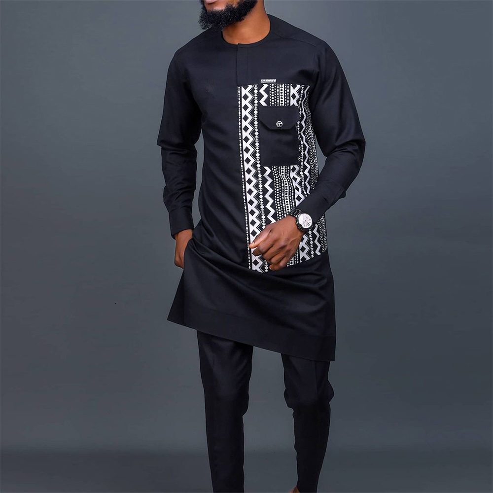 Mens Tracksuits African Men Dashiki Long Sleeve 2 piece Set Traditional Africa Clothing Striped Suit Male Shirt Pants Suits Black M4XL 230301