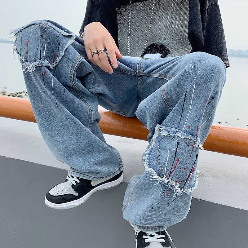 Men's Jeans Blue Paint Points Patchwork Jeans Men Women High Street Hip Hop Straight Jean Pants Baggy Jeans Couple Casual Denim Trousers Z0301