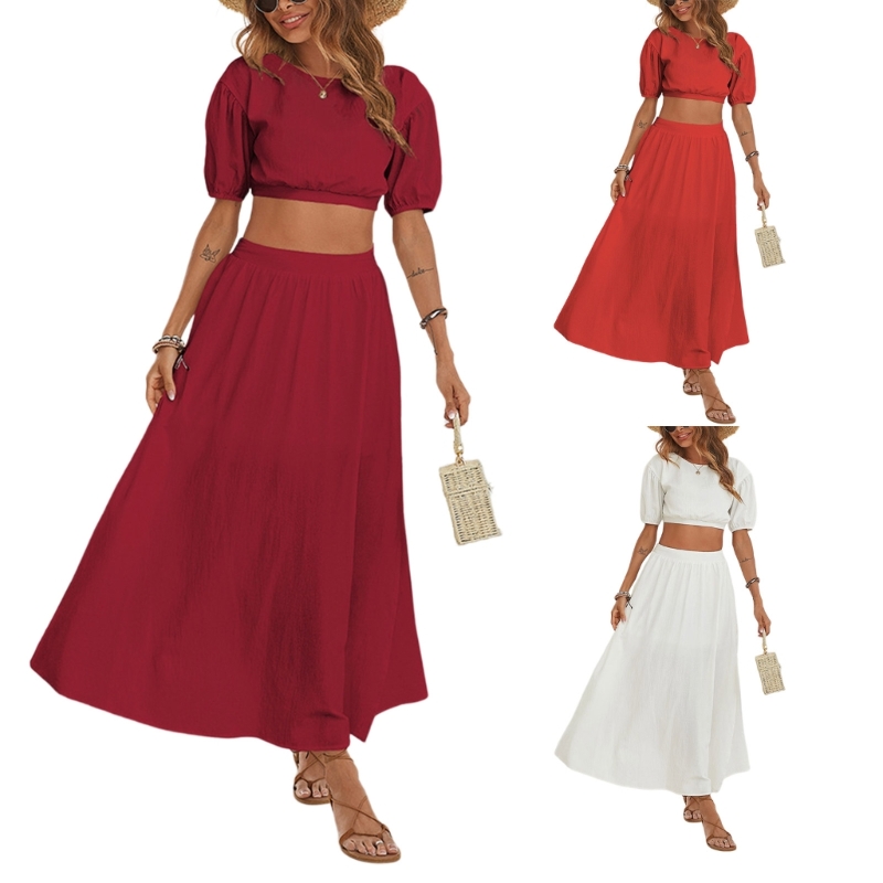 Womens Two Piece Dress Summer Outftis Casual Puff Sleeve Crop Top High Waisted Maxi Skirt Set Solid Dress, Red
Womens Two Piece Dress Summer Outftis Casual Puff Sleeve Crop Top High Waisted Maxi Skirt Set Solid Dress, Red