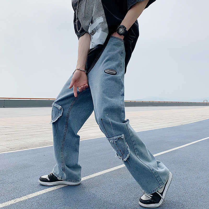 Men's Jeans Blue Paint Points Patchwork Jeans Men Women High Street Hip Hop Straight Jean Pants Baggy Jeans Couple Casual Denim Trousers Z0301