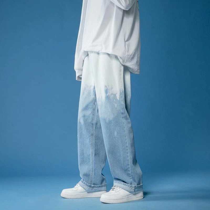 Men's Jeans Summer New Tiedye Ombr Men Jeans Fashion Casual Male Wide Leg Pants Minimalism Straight Loose Denim Pants Z0301