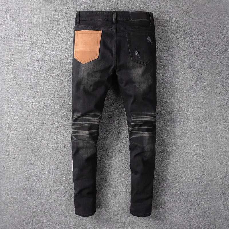 Men's Jeans Hip Hop Men High Street Fashion Brand New Black Patch Embroidery Stretch Slim Fit Mens Summer Y2303