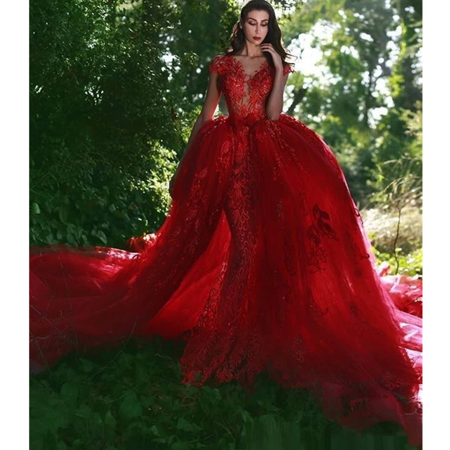 Mermaid Red and Nude Prom Dress Dress Beaded Lace Appliques Sexy Evening Gowns Robe de Mariee Detachable Train