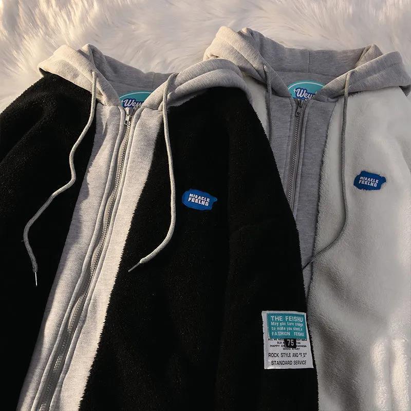Winter Lamb Wool Hoodie Fashion Thick Warm Loose Padded Jackets Coat Hiphop Oversized Patchwork Zip Up Hooded Sweatshirt 230301