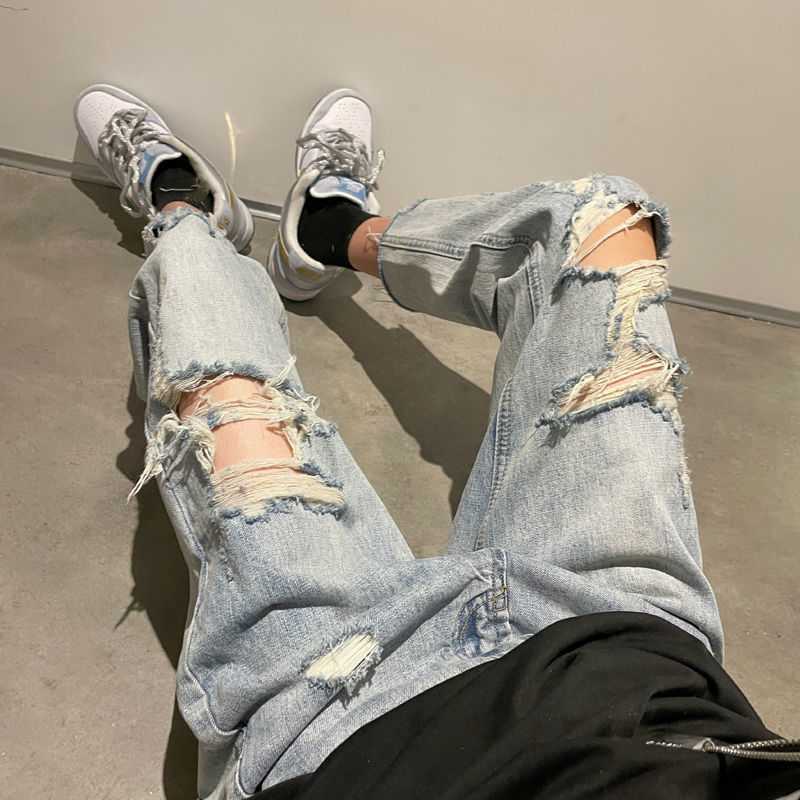 Men's Jeans Hole Jeans for Men Summer Fashion Thin Loose Pants Bottoms Handsome Vintage Casual Trousers Male Cloting Streetwear Plus Size Z0301