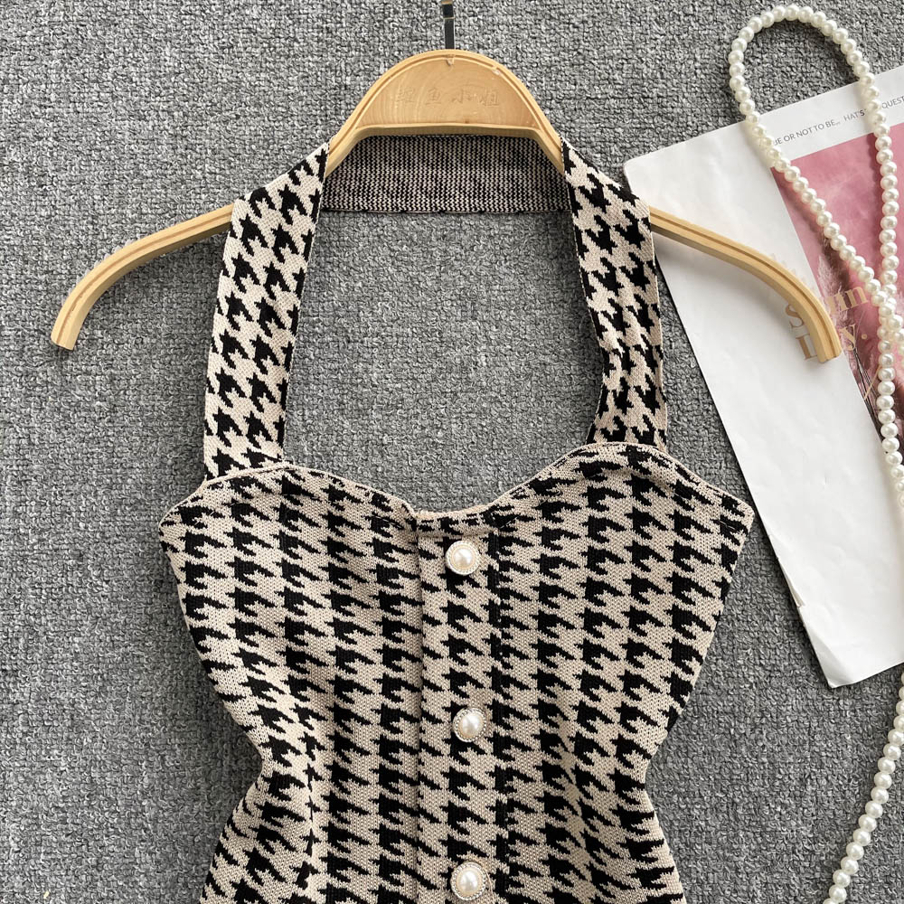 Womens halter neck knitted houndstooth plaid grid pattern short tanks camis