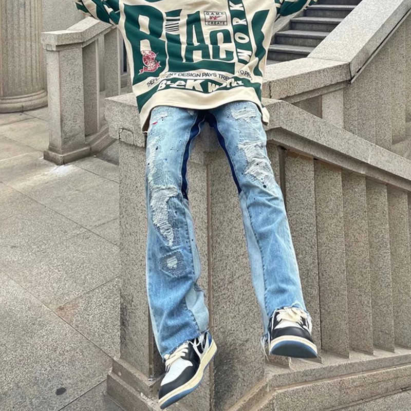 Men's Jeans 2022 Hole Ripped Straight Baggy Men Flare Jeans Pants Patchwork Distressed Washed Vintage Loose Punk Denim Trousers Z0301