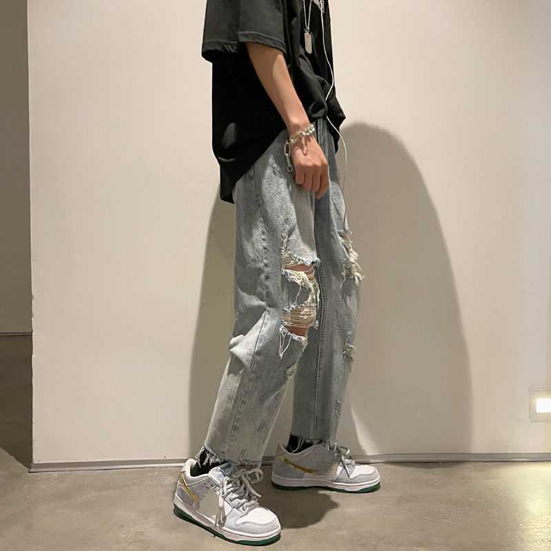 Men's Jeans Hole Jeans for Men Summer Fashion Thin Loose Pants Bottoms Handsome Vintage Casual Trousers Male Cloting Streetwear Plus Size Z0301