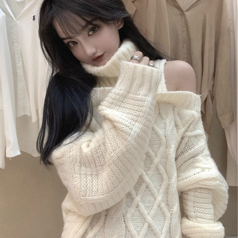 Women's Sweaters Autumn Winter Korean Style Women Turtleneck Knitted Sweaters Fashion Wild Knitwear Outwear Female Sexy Off Shoulder Pullovers 23