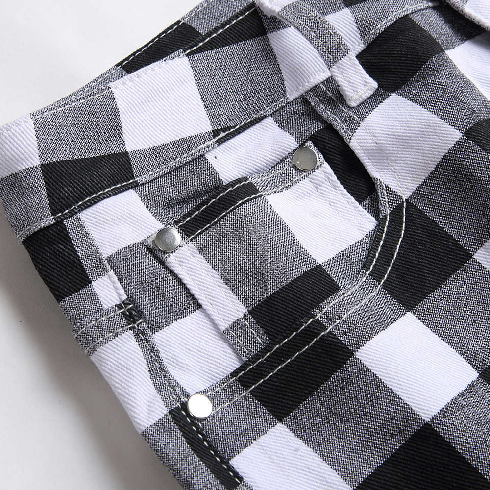 Men's Jeans Black and White Plaid Printed Fashion Check Digital Print Slim Straight Pants Stretch Trousers Y2303