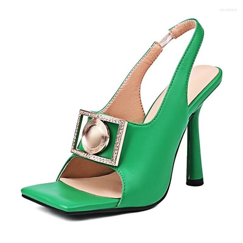 Sandals Luxury Women Designers 2023 Summer Square Toe Metal Buckle Shoes For Fashion Slingback Heels Big Size 43