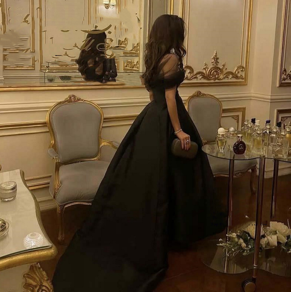 Vintage Black High Low Prom Dresses Ball Gown Long Satin Simple Evening Gowns Off Shoulder Elegant Women Special Occasion Dress 2023