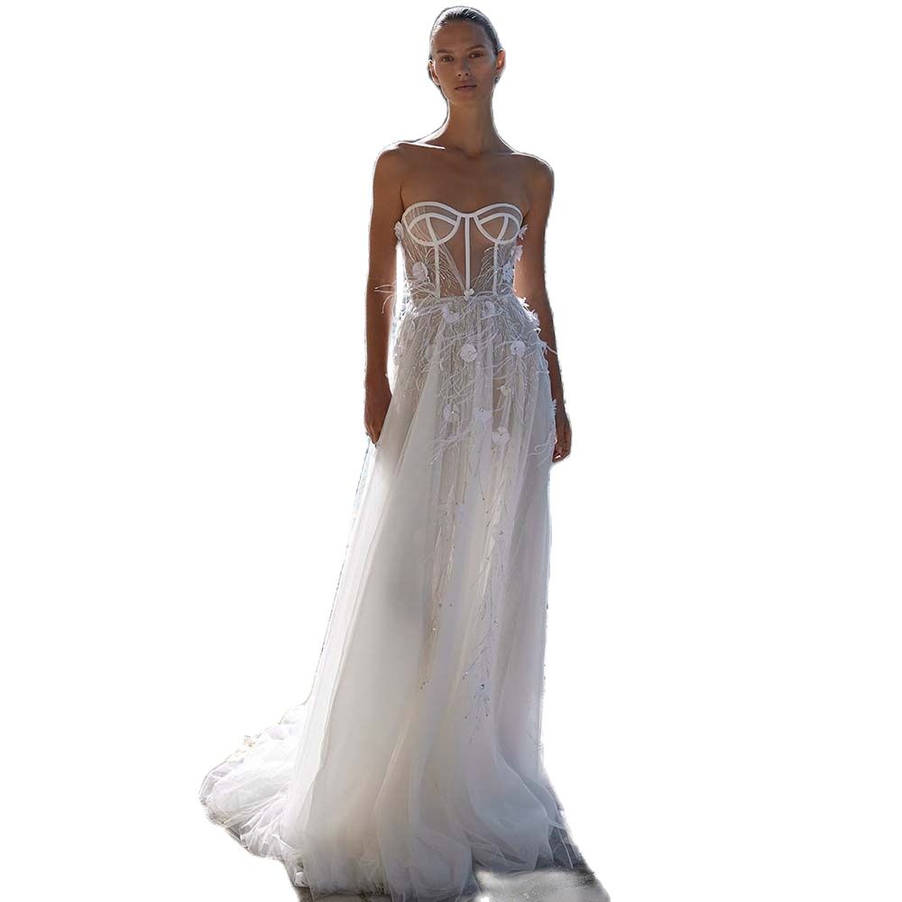 Summer Beach A Line Wedding Dress Illusion Strapless 3D Flowers Princess Tulle Custom Made Bridal Dresses Vestido De Novia