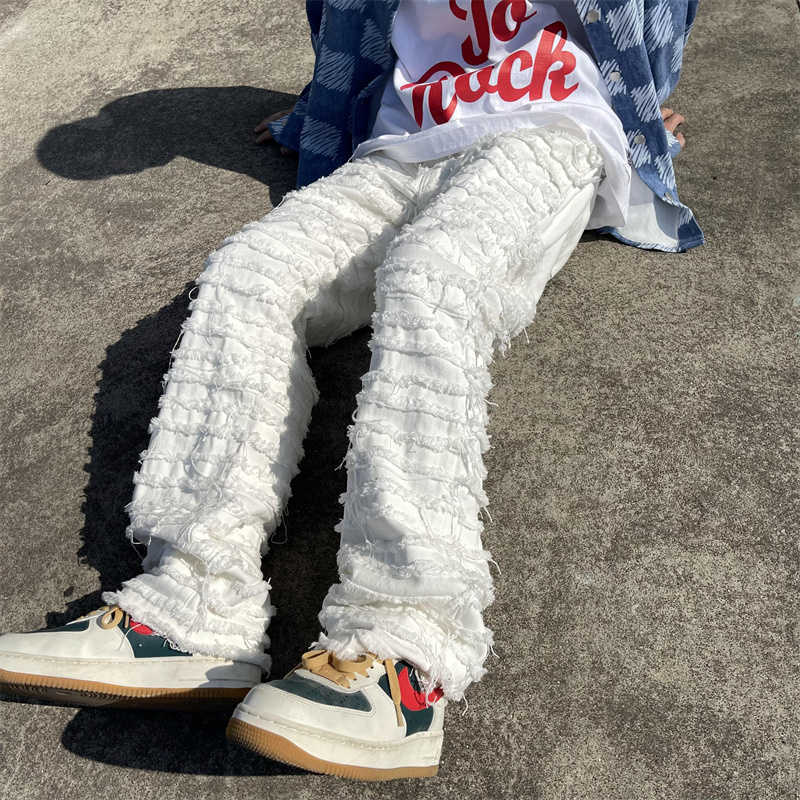 Men's Jeans White Hip Hop Jeans Striped Tassel Frayed Straight Baggy Jeans Pants Harajuku Male Female Solid Streetwear Casual Denim Trousers Z030