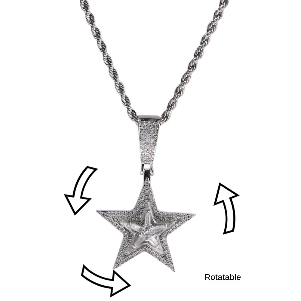Rotatable Full Zircon Five Pointed Star Pendant Necklace Gold Plated Hip Hop Rap Jewelry