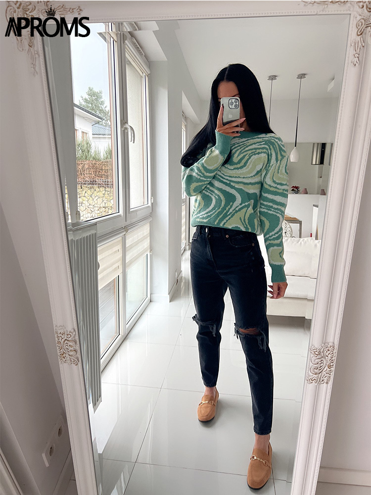 Women's Sweaters Aproms Elegant Green Tie Dye Knitted Sweater and Pullovers Women Winter Long Sleeve Warm Ribbed Jumper Female Slim Top 230301