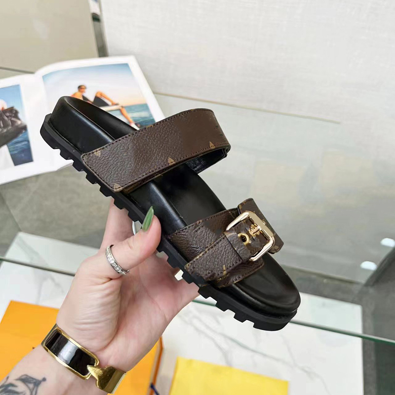 Summer Sandals Designer Women Bom Dia Flat Mule Slipper Classic Prints Brown 2 Strap Gold Buckl louis vuittone lv louievuitton lvt vuitton QYTN