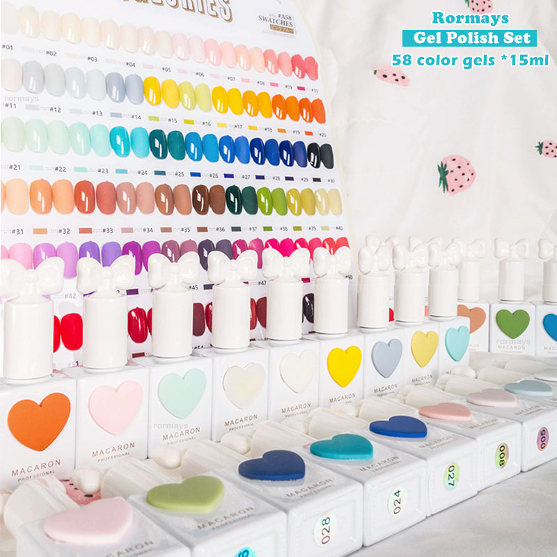 Rormays 58PCS Gel Polishing Set New Popular Makaron Color Love Semi Permanent UV LED Gel Varnish Nail Art Salon Special Design 15ML Card Delivery Whol