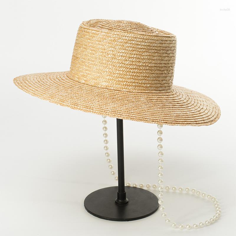 Wide Brim Hats 01904-HH7167 Pearl Chain Handmade Straw Bowknot Leisure Lady Holiday Beach Sun Cap Women Outdoor Hat