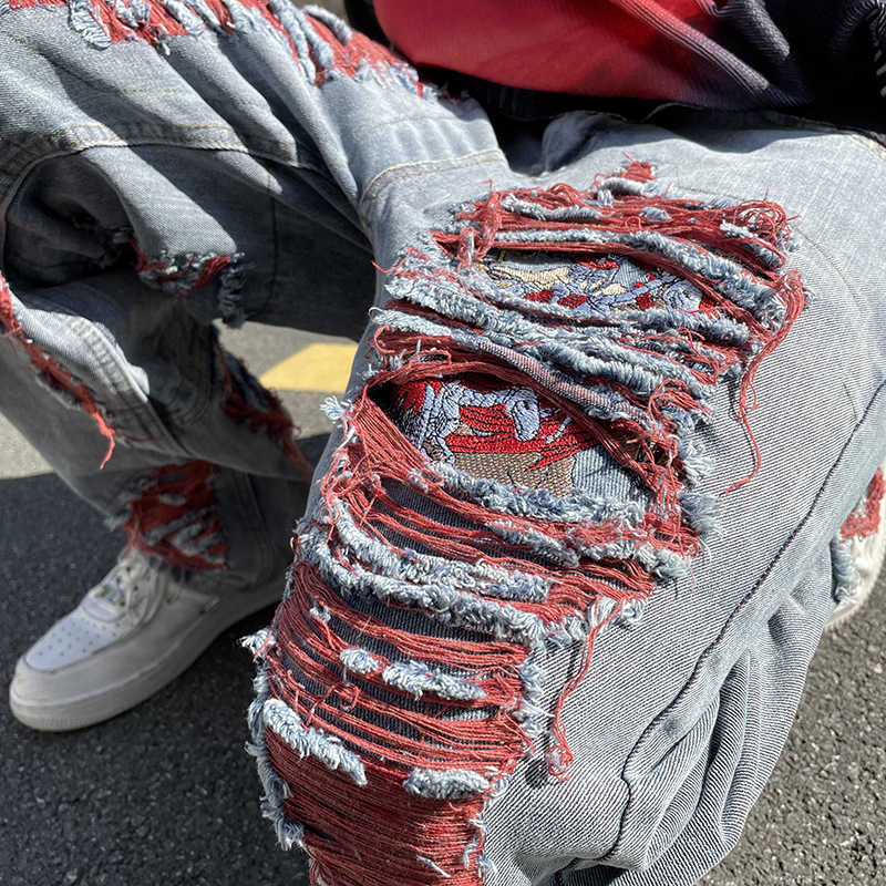 Men's Jeans Y2K Fashion Ripped Men 2023 Spring Summer Streetwear Trend Loose Straight Denim Trousers Mens Leisure Patchwork Jean Pant Y2303