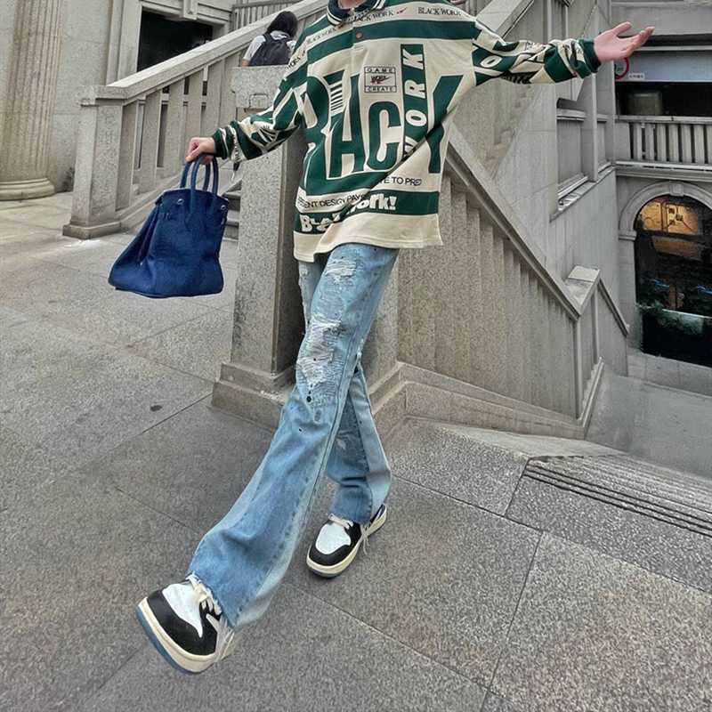 Men's Jeans 2022 Hole Ripped Straight Baggy Men Flare Jeans Pants Patchwork Distressed Washed Vintage Loose Punk Denim Trousers Z0301