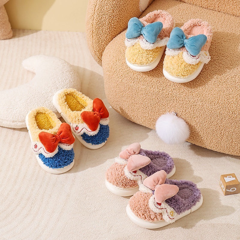 Slipper Children's Cotton Slippers With Bowknot Solid Color Comfortable Cute Cartoon Casual Kids Plush Slippers First Walkers Boys Girls 230301