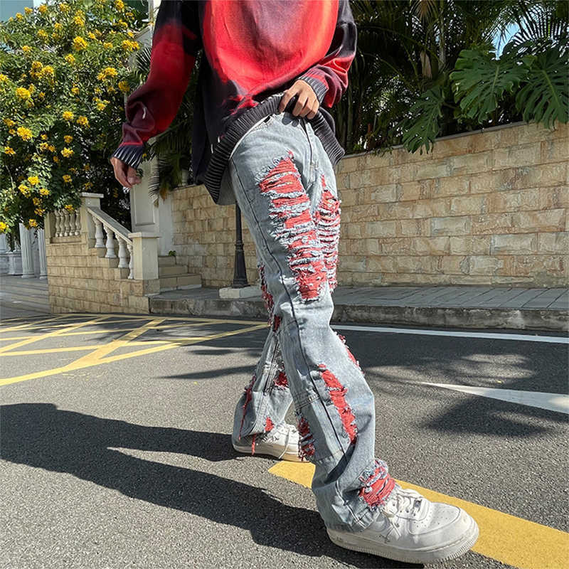 Men's Jeans Y2K Fashion Ripped Men 2023 Spring Summer Streetwear Trend Loose Straight Denim Trousers Mens Leisure Patchwork Jean Pant Y2303